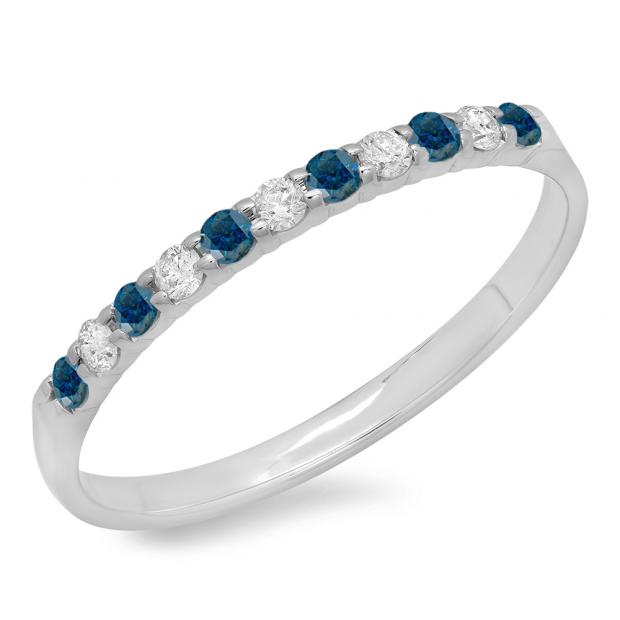 0.20 Carat (ctw) 10k White Gold Round Blue & White Diamond Ladies Anniversary Wedding Ring Stackable Band 1/5 CT