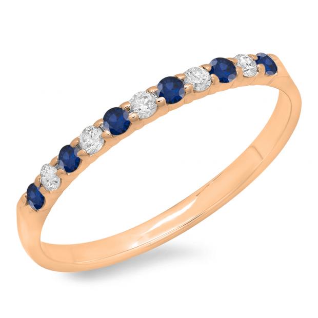 0.20 Carat (ctw) 10k Rose Gold Round Blue Sapphire & White Diamond Ladies Anniversary Wedding Ring Stackable Band 1/5 CT