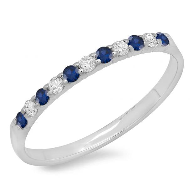 0.20 Carat (ctw) 10k White Gold Round Blue Sapphire & White Diamond Ladies Anniversary Wedding Ring Stackable Band 1/5 CT