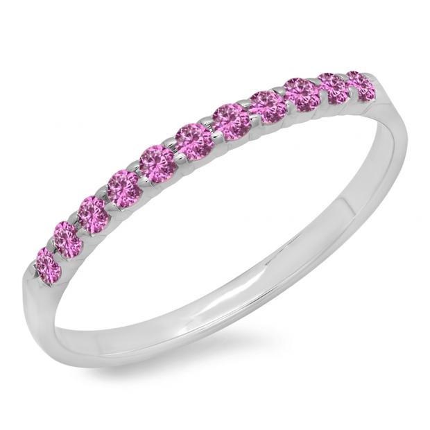 0.20 Carat (ctw) 10k White Gold Round Pink Sapphire Ladies Anniversary Wedding Ring Stackable Band 1/5 CT