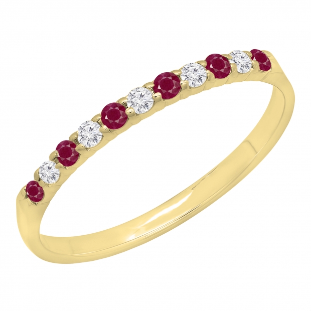 0.20 Carat (ctw) 18k Yellow Gold Round Ruby & White Diamond Ladies Anniversary Wedding Ring Stackable Band 1/5 CT