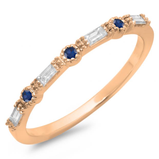 0.15 Carat (ctw) 18K Rose Gold Round & Baguette Cut Blue Sapphire & White Diamond Ladies Milgrain Anniversary Wedding Band