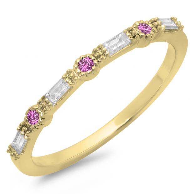 0.25 Carat (ctw) 10K Yellow Gold Round & Baguette Cut Pink Sapphire & White Diamond Ladies Milgrain Anniversary Wedding Band 1/4 CT