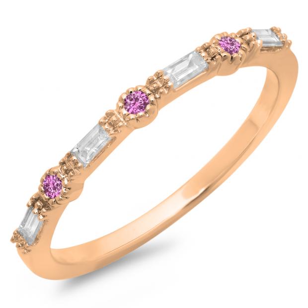 0.25 Carat (ctw) 14K Rose Gold Round & Baguette Cut Pink Sapphire & White Diamond Ladies Milgrain Anniversary Wedding Band 1/4 CT