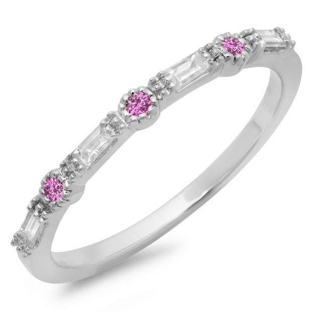 0.25 Carat (ctw) 14K White Gold Round & Baguette Cut Pink Sapphire & White Diamond Ladies Milgrain Anniversary Wedding Band 1/4 CT