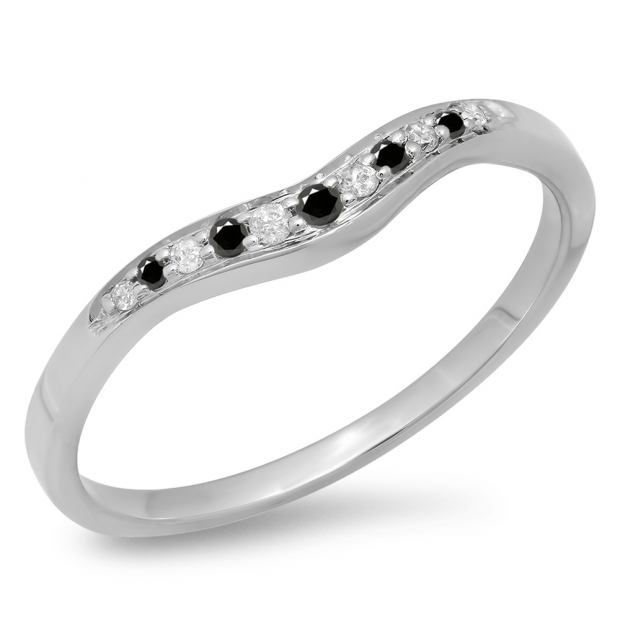 0.11 Carat (ctw) 18K White Gold Round Cut Black & White Diamond Ladies Anniversary Wedding Stackable Contour Guard Band