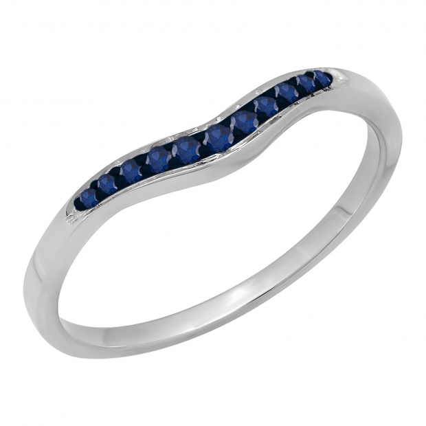 0.11 Carat (ctw) 18K White Gold Round Cut Blue Sapphire Ladies Anniversary Wedding Stackable Contour Guard Band