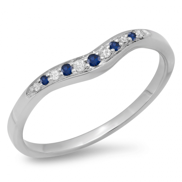 0.11 Carat (ctw) 14K White Gold Round Cut Blue Sapphire & White Diamond Ladies Anniversary Wedding Stackable Contour Guard Band