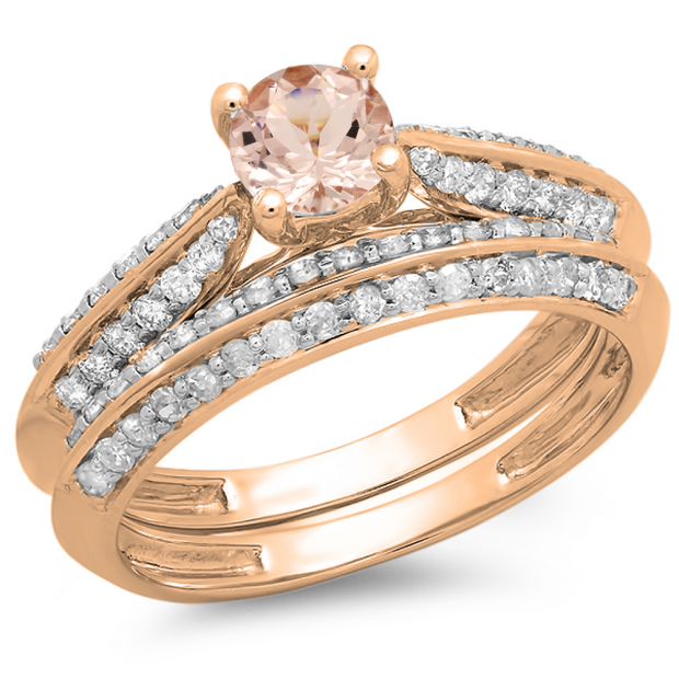 1.00 Carat (ctw) 14K Rose Gold Round Morganite & White Diamond Ladies Bridal Engagement Ring With Matching Band Set 1 CT