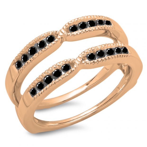 0.35 Carat (ctw) 14K Rose Gold Round Cut Black Diamond Ladies Milgrain Anniversary Wedding Band Guard Double Ring 1/3 CT
