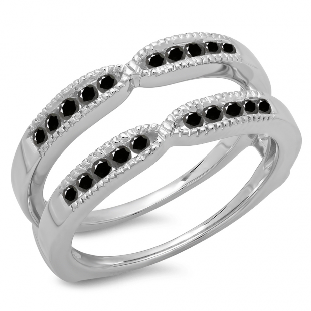 0.35 Carat (ctw) 14K White Gold Round Cut Black Diamond Ladies Milgrain Anniversary Wedding Band Guard Double Ring 1/3 CT