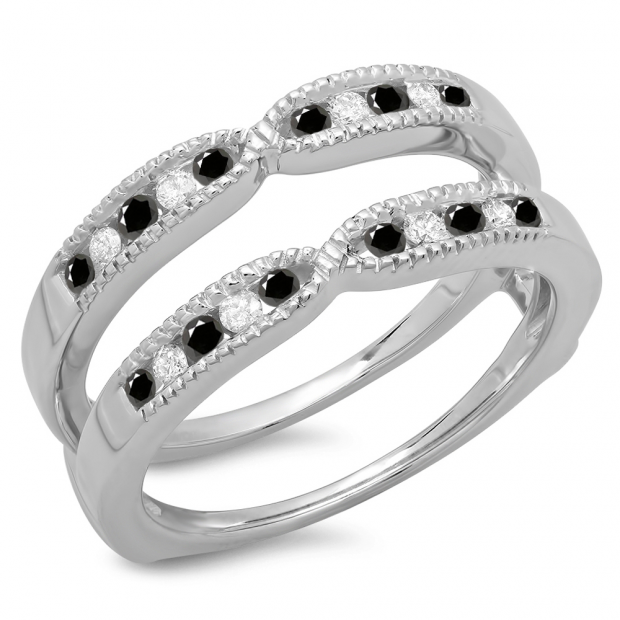 0.35 Carat (ctw) 10K White Gold Round Cut Black & White Diamond Ladies Milgrain Anniversary Wedding Band Guard Double Ring 1/3 CT