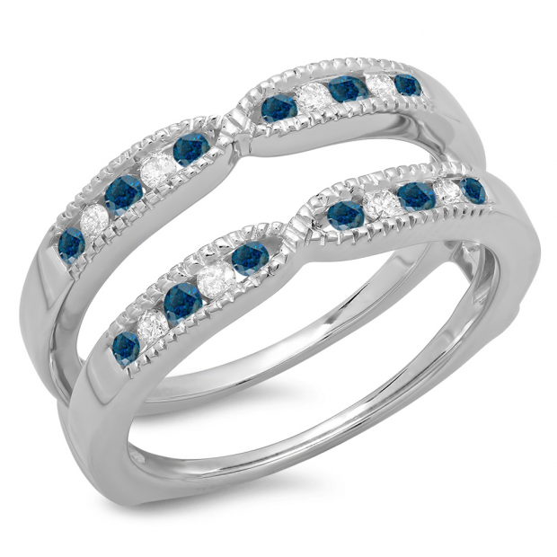 0.35 Carat (ctw) 10K White Gold Round Cut Blue & White Diamond Ladies Milgrain Anniversary Wedding Band Guard Double Ring 1/3 CT