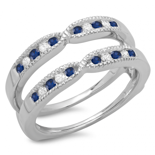 0.35 Carat (ctw) 10K White Gold Round Cut Blue Sapphire & White Diamond Ladies Milgrain Anniversary Wedding Band Guard Double Ring 1/3 CT