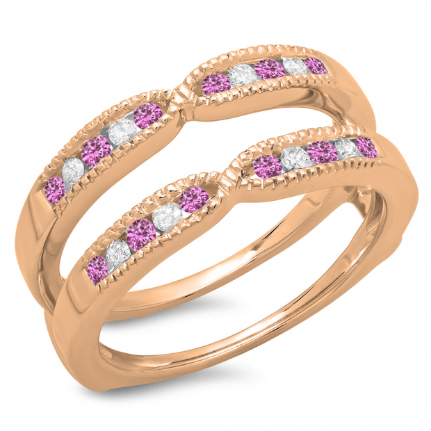0.35 Carat (ctw) 10K Rose Gold Round Cut Pink Sapphire & White Diamond Ladies Milgrain Anniversary Wedding Band Guard Double Ring 1/3 CT