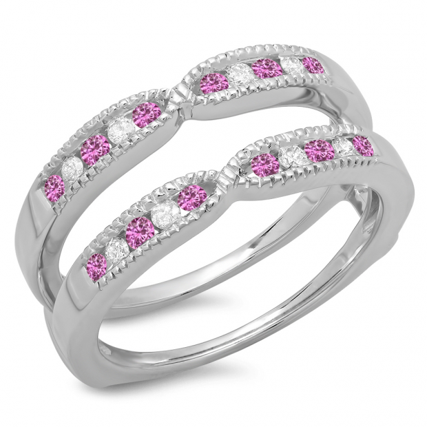 0.35 Carat (ctw) 10K White Gold Round Cut Pink Sapphire & White Diamond Ladies Milgrain Anniversary Wedding Band Guard Double Ring 1/3 CT