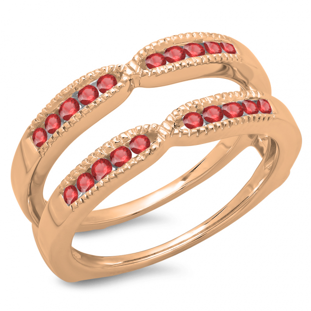 0.35 Carat (ctw) 10K Rose Gold Round Cut Ruby Ladies Milgrain Anniversary Wedding Band Guard Double Ring 1/3 CT