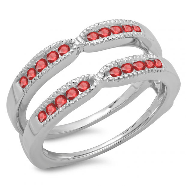 0.35 Carat (ctw) 10K White Gold Round Cut Ruby Ladies Milgrain Anniversary Wedding Band Guard Double Ring 1/3 CT