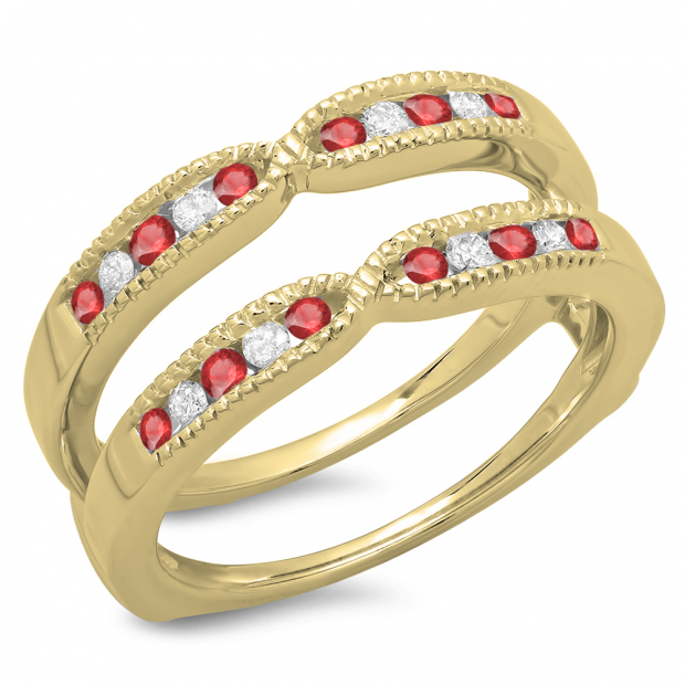 0.35 Carat (ctw) 10K Yellow Gold Round Cut Ruby & White Diamond Ladies Milgrain Anniversary Wedding Band Guard Double Ring 1/3 CT