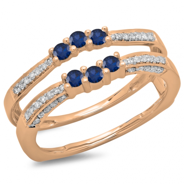 0.50 Carat (ctw) 14K Rose Gold Round Cut Blue Sapphire & White Diamond Ladies Anniversary Wedding Band Enhancer Guard Double Ring 1/2 CT