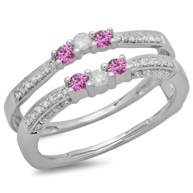 0.50 Carat (ctw) 10K White Gold Round Cut Pink Sapphire & White Diamond Ladies Anniversary Wedding Band Enhancer Guard Double Ring 1/2 CT