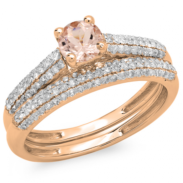 1.00 Carat (ctw) 10K Rose Gold Round Morganite & Diamond Ladies Engagement Ring With Matching Band Set 1 CT