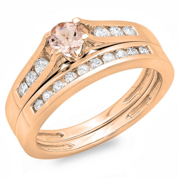 0.75 Carat (ctw) 10K Rose Gold Round Morganite & White Diamond Ladies Bridal Engagement Ring Matching Band Set 3/4 CT