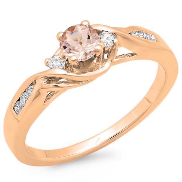 0.50 Carat (ctw) 10K Rose Gold Round Morganite & White Diamond Ladies Crossover Swirl 3 Stone Bridal Engagement Ring 1/2 CT