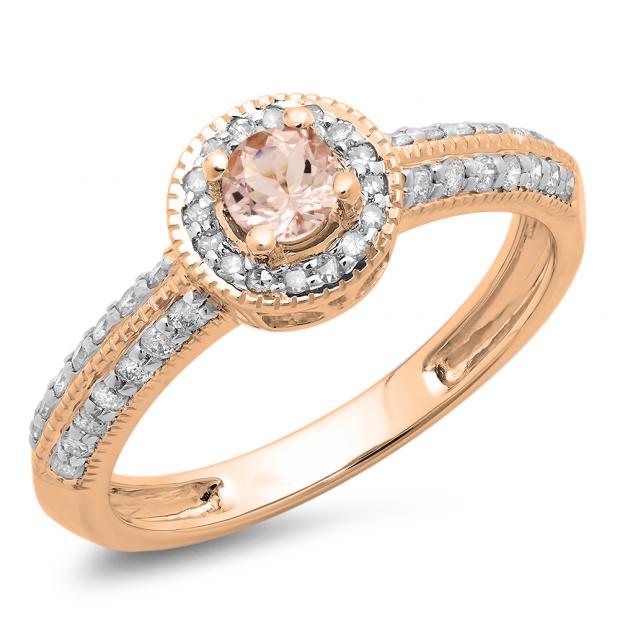 0.70 Carat (ctw) 10K Rose Gold Round Morganite & White Diamond Ladies Bridal Vintage Style Milgrain Halo Engagement Ring 3/4 CT