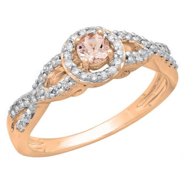 0.50 Carat (ctw) 10K Rose Gold Round Morganite & White Diamond Ladies Swirl Split Shank Bridal Halo Style Engagement Ring 1/2 CT