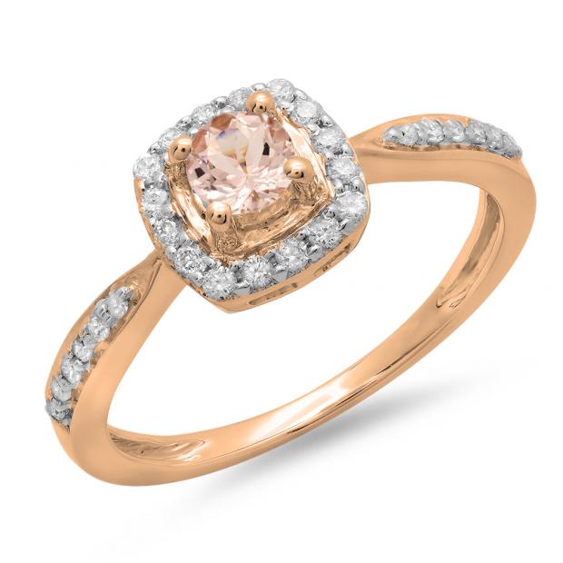 0.50 Carat (ctw) 14K Rose Gold Round Morganite & White Diamond Ladies Halo Style Bridal Engagement Ring 1/2 CT