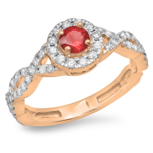 0.90 Carat (ctw) 18K Rose Gold Round Ruby & White Diamond Ladies Swirl Split Shank Bridal Halo Engagement Ring
