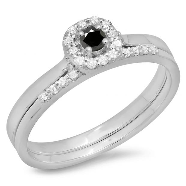 0.30 Carat (ctw) 10K White Gold Round Cut Black & White Diamond Ladies Bridal Halo Engagement Ring With Matching Band Set 1/3 CT