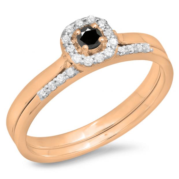 0.30 Carat (ctw) 14K Rose Gold Round Cut Black & White Diamond Ladies Bridal Halo Engagement Ring With Matching Band Set 1/3 CT