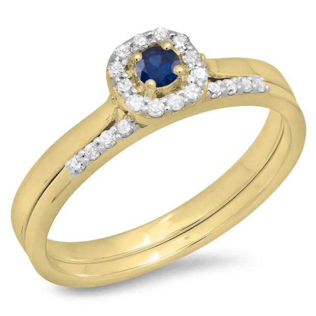0.30 Carat (ctw) 10K Yellow Gold Round Blue Sapphire & White Diamond Ladies Bridal Halo Engagement Ring With Matching Band Set 1/3 CT