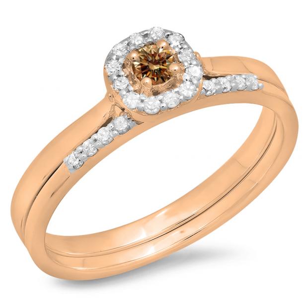 0.30 Carat (ctw) 10K Rose Gold Round Cut Champagne & White Diamond Ladies Bridal Halo Engagement Ring With Matching Band Set 1/3 CT