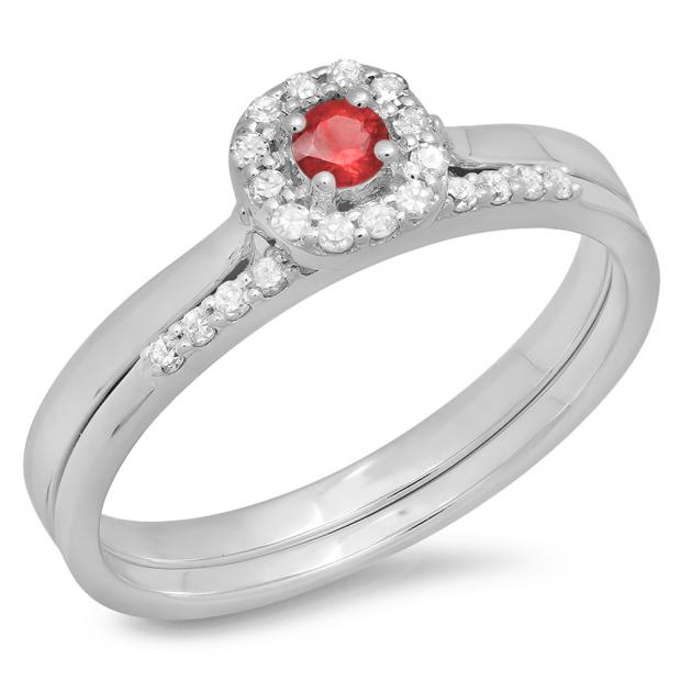 0.30 Carat (ctw) 14K White Gold Round Ruby & White Diamond Ladies Bridal Halo Engagement Ring With Matching Band Set 1/3 CT
