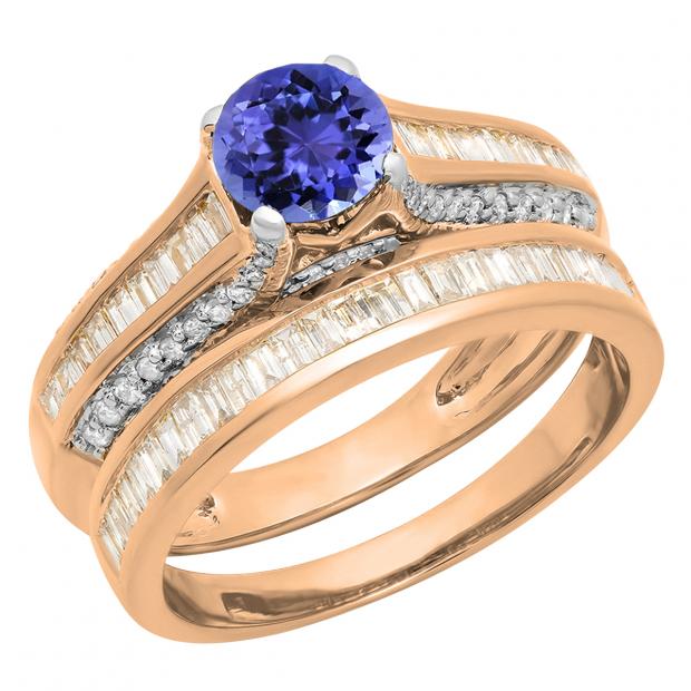 1.25 Carat (ctw) 14K Rose Gold Round & Baguette Cut Tanzanite & White Diamond Ladies Vintage Bridal Engagement Ring Set 1 1/4 CT