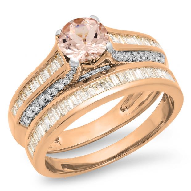 1.25 Carat (ctw) 14K Rose Gold Round & Baguette Cut Morganite & White Diamond Ladies Vintage Bridal Engagement Ring Set 1 1/4 CT