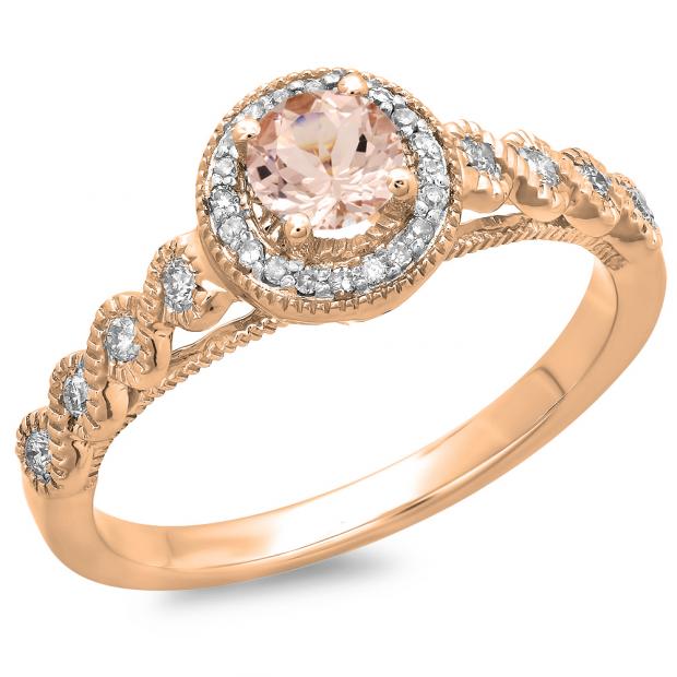 0.55 Carat (ctw) 14K Rose Gold Round Cut Morganite & White Diamond Ladies Bridal Vintage & Antique Milgrain Halo Style Engagement Ring 1/2 CT