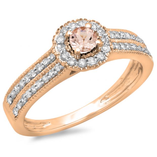 0.50 Carat (ctw) 14K Rose Gold Round Morganite & White Diamond Ladies Bridal Halo Style Cluster Engagement Ring 1/2 CT