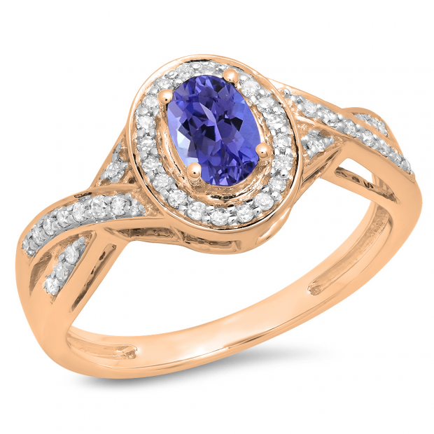 0.75 Carat (ctw) 10K Rose Gold Oval & Round Cut Tanzanite & White Diamond Ladies Swirl Split Shank Bridal Halo Engagement Ring 3/4 CT