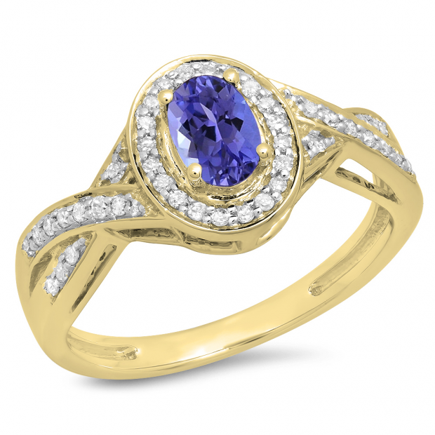 0.75 Carat (ctw) 10K Yellow Gold Oval & Round Cut Tanzanite & White Diamond Ladies Swirl Split Shank Bridal Halo Engagement Ring 3/4 CT