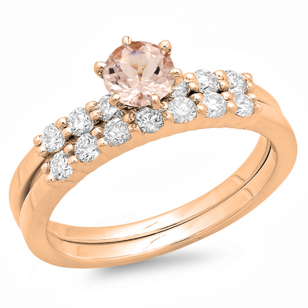 1.00 Carat (ctw) 14K Rose Gold Round Morganite & White Diamond Ladies Bridal Engagement Ring With Matching Band Set 1 CT