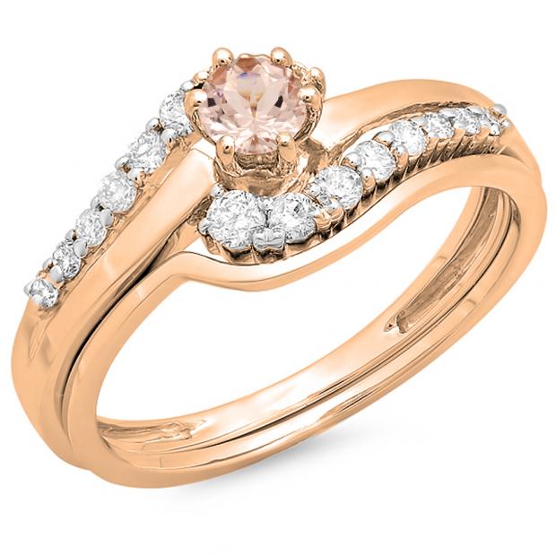 0.55 Carat (ctw) 14K Rose Gold Round Morganite & White Diamond Ladies Twisted Style Bridal Engagement Ring With Matching Band Set 1/2 CT