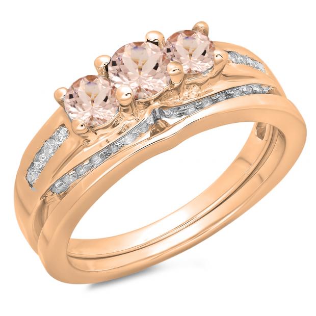 1.10 Carat (ctw) 10K Rose Gold Round Morganite & White Diamond Ladies Bridal 3 Stone Engagement Ring With Matching Band Set 1 CT