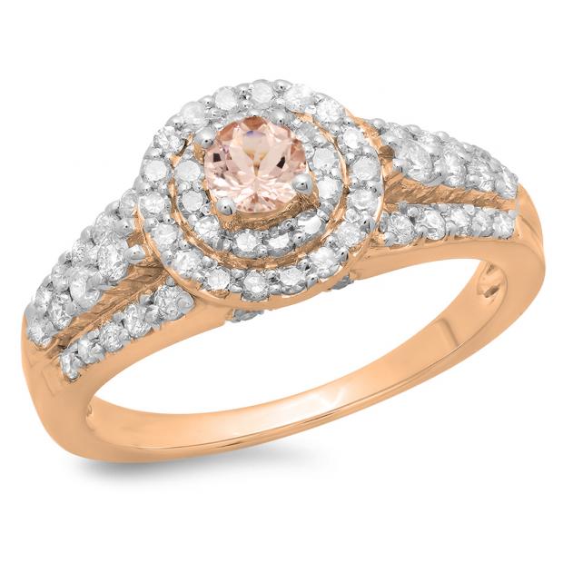 1.00 Carat (ctw) 18K Rose Gold Round Cut Morganite & White Diamond Ladies Vintage Style Bridal Halo Engagement Ring 1 CT