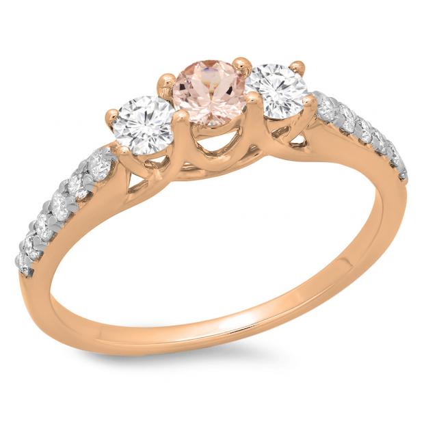 0.75 Carat (ctw) 18K Rose Gold Round Cut Morganite & White Diamond Ladies Bridal 3 Stone Engagement Ring 3/4 CT