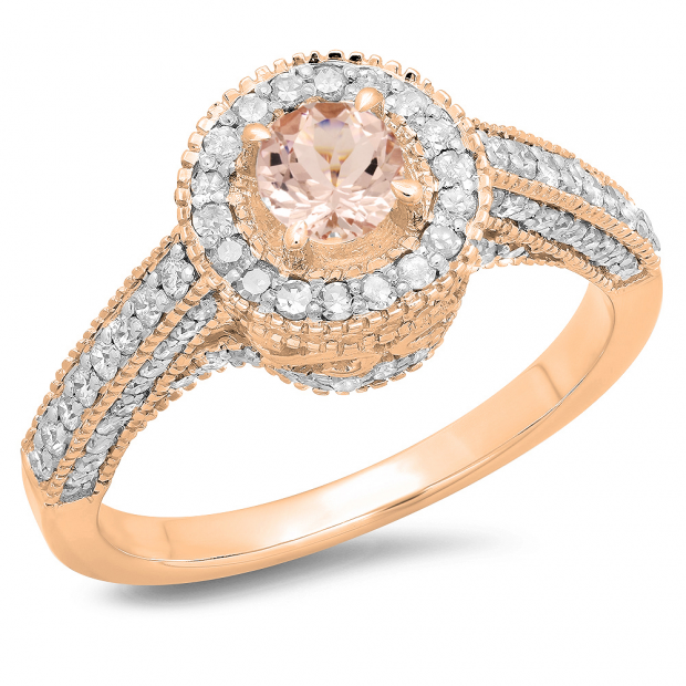 1.00 Carat (ctw) 10K Rose Gold Round Morganite & White Diamond Ladies Bridal Vintage Halo Style Engagement Ring 1 CT