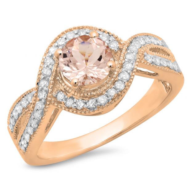1.15 Carat (ctw) 10K Rose Gold Round Cut Morganite & White Diamond Ladies Twisted Swirl Split Shank Bridal Halo Engagement Ring